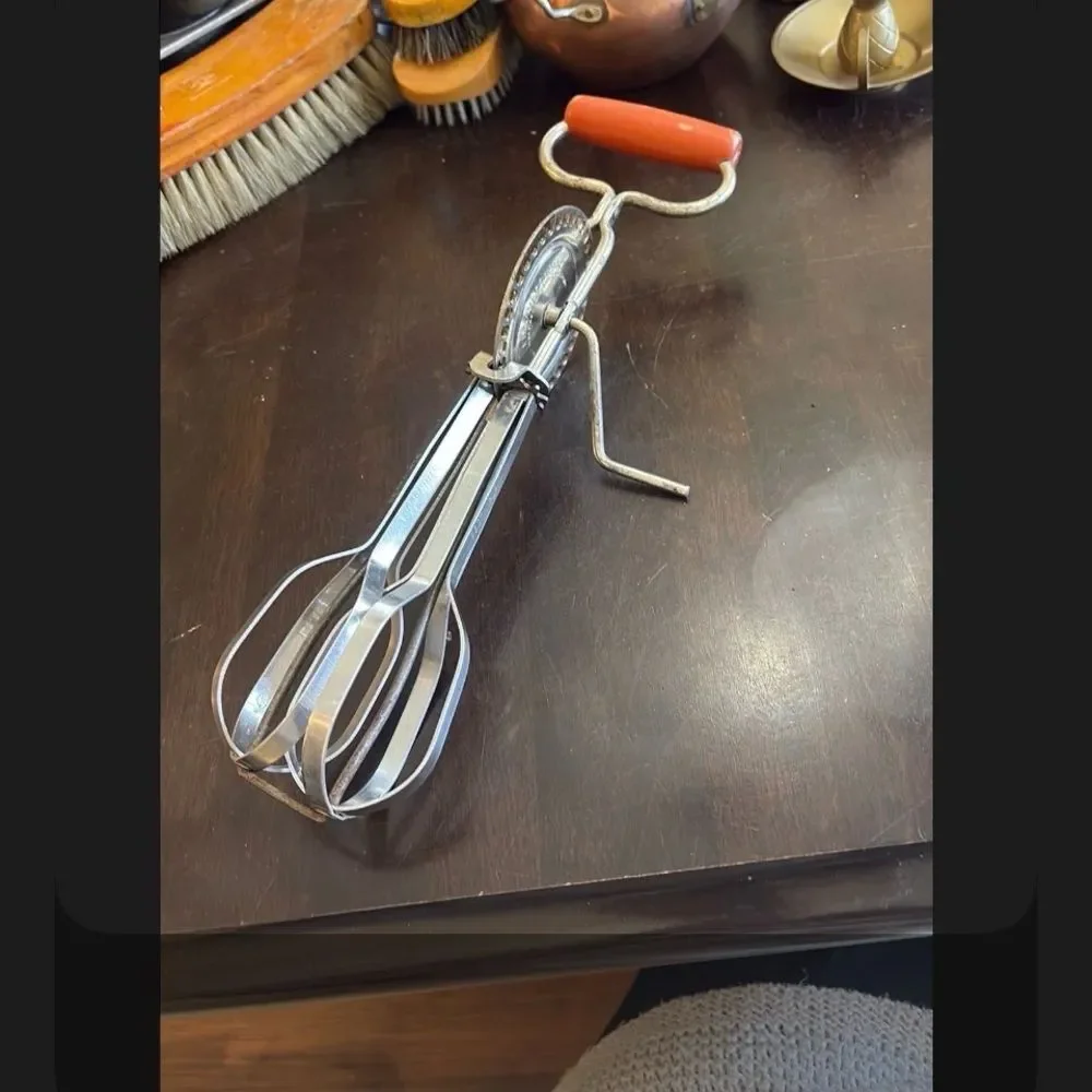 Vintage Hand Crank Egg Beater - Red Wood Handle
